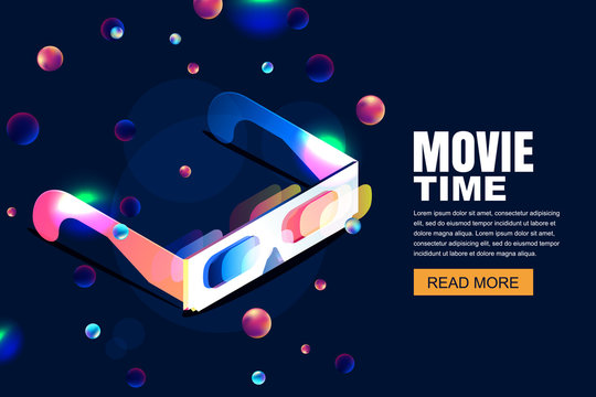 Vector glowing neon cinema, movie illustration. 3d glasses in isometric style on abstract night cosmic sky background. Design template with copy space for banner, poster, sale cinema theatre tickets.