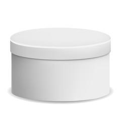 Vector image of a realistic, round, white, closed box on an isolated white background.