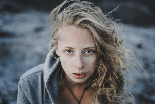 Close Up Of Wind Blowing Hair Of Caucasian Woman