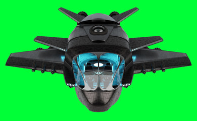 Futuristic spacecraft isolated on green background 3D rendering