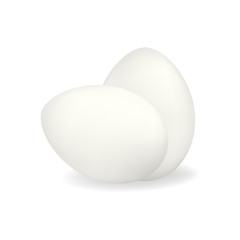 Two white vector realistic chicken eggs with shadow isolated on white background. Standing and lying eggs composition mockup for subsistence farming market or store design, easter advertisement