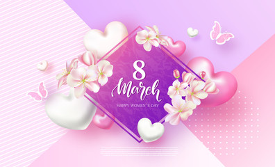 8 March Happy Womens Day Festive Card. Beautiful Background with flowers, hearts and butterflies. Vector Illustration.