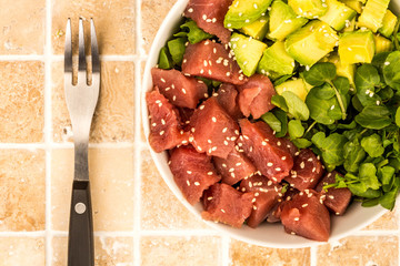 Hawaiian Style Tuna And Avocado Sashimi Poke Food Bowl