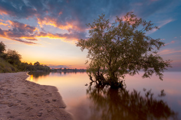 Fototapeta na wymiar Beautiful sunset landscape with trees in the water. Long exposure shot.