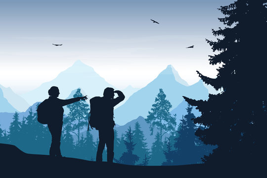 Vector illustration of mountain landscape with forest and two tourists under blue sky