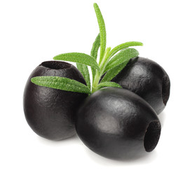 Marinated black olives with rosemary isolated on white background