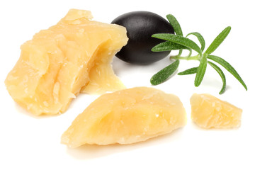 parmesan cheese with olives isolated on white background