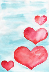 Many red hearts of different sizes painted in watercolor