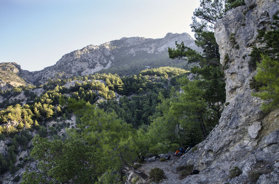 Lycian trail in Turkey, in this vengeance the road runs along the high cliffs, the view over the gorge overgrown with forest and sun-drenched