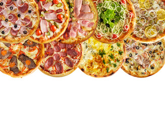 Collage of freshly baked homemade pizza. Top view.