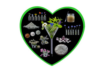 Conceptual image : Alternative herbal medicine in black background heart shape on white herbal medicine concept