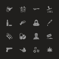 Crime icons - Gray symbol on black background. Simple illustration. Flat Vector Icon.