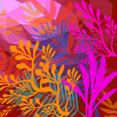 Electric Neon Bright trending colors with natural jungle leaves and plants and geometric abstract unique art background.