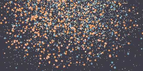 Falling stars background. Make a Wish flyer. Simple postcard with scattered tiny stars. Copy space. Dark background. Text frame. Can be used as Holiday card or banner.