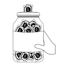 hand with glass jar and bills vector illustration design