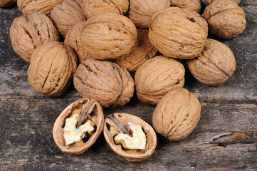 Walnuts in the shell. View from above.