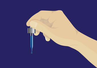 Hand holding dropper on dark blue background. Realistic 3d Pipette.