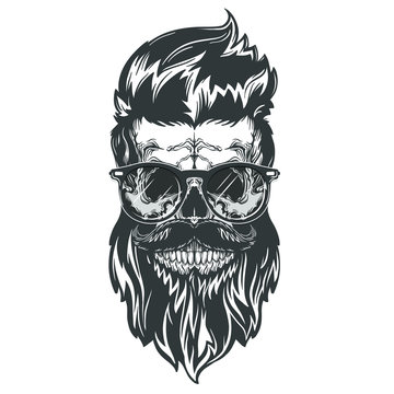 Vector illustration of skull with beard, mustache, hipster haircut and sunglasses. Isolated on white background. Black and white version