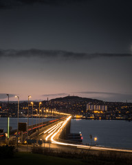 Dundee road bridge looking over the city from Fife. - 192068074