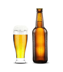 bottle and glass with fresh beer on the white background