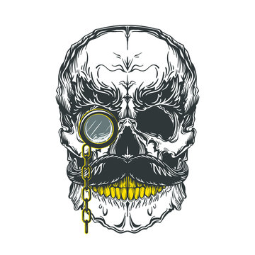 Monochrome illustration of hipster skull with mustache, gold teeth and monocle. Isolated on white background