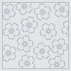 Sakura flowers in the frame. Sashiko. Quilting motif for a fancywork. Traditional japanese embroidery ornament with blooming sakura flowers. Floral backdrop. Needlework texture.