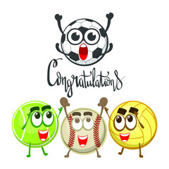 Vector happy sport balls characters celebrate a victory. Isolated on white background.