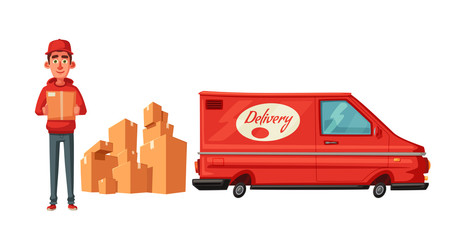 Delivery service by van. Car for parcel delivery. Cartoon vector illustration