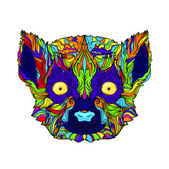 Ornament face of colorful lemur with big eyes. Vector illustration isolated on white background. Line art style. © KoDIArt