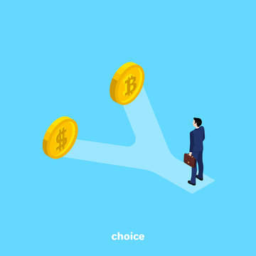 a man in a business suit stands at a fork in the road, a choice between the dollar and bitcoin, an isometric image