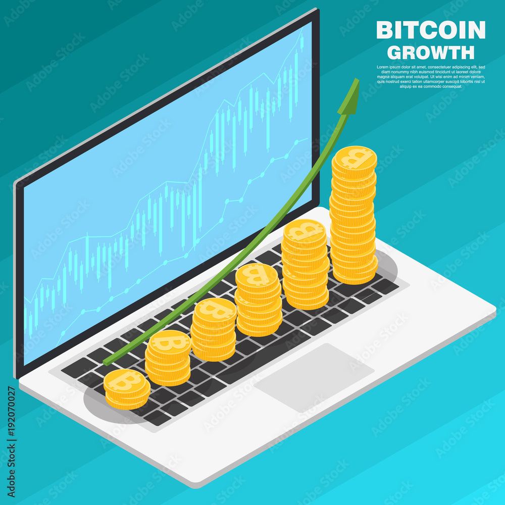 Poster stack of golden bitcoin to open the laptop with growth graph.