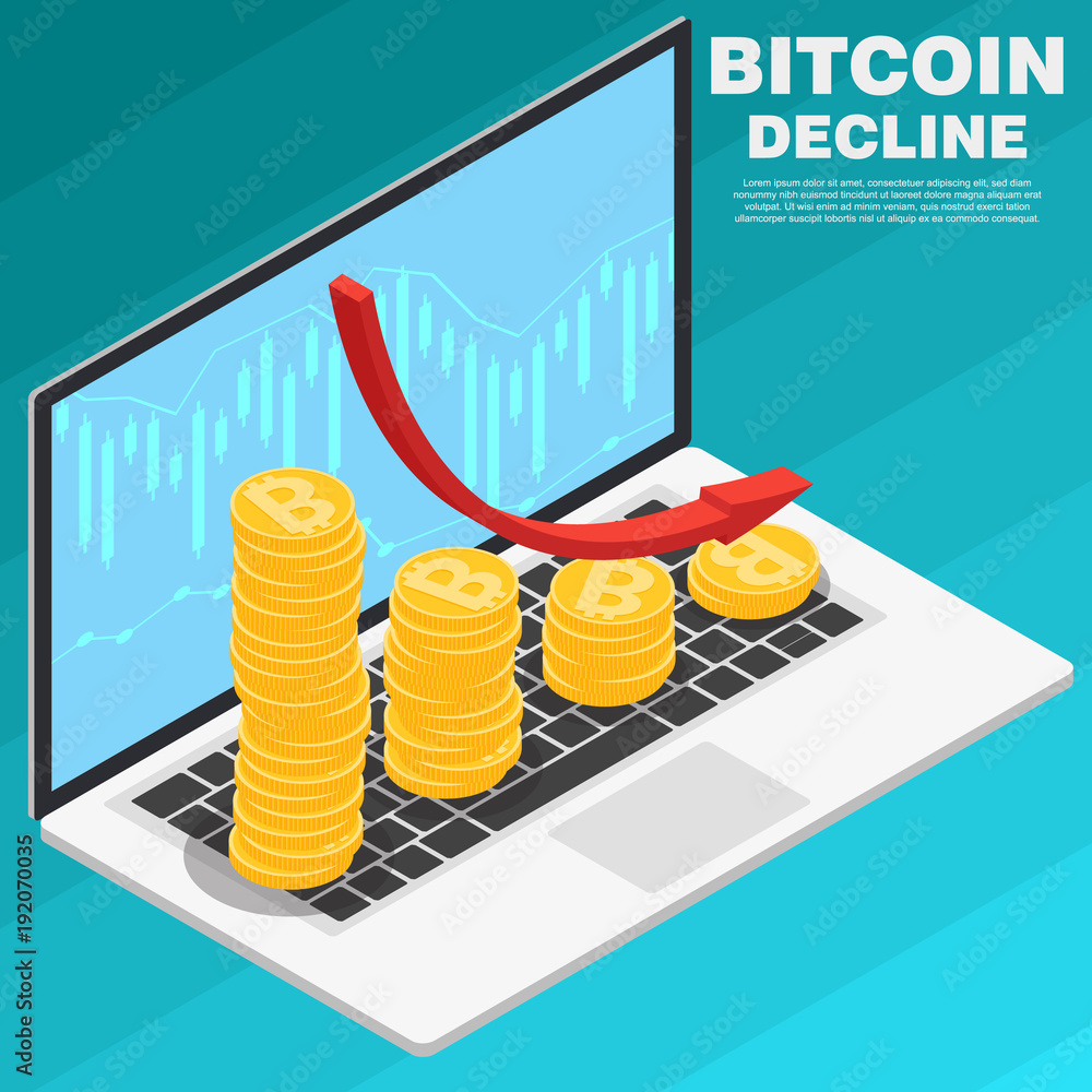 Aufkleber graph of falling bitcoin on a laptop isometric vector.