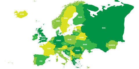 Political map of Europe continent in four shades of green with white country name labels and isolated on white background. Vector illustration. © pyty