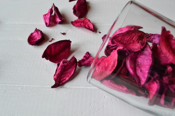 Pink rose petals on the white wooden background. Decor on the table.