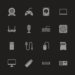 Hardware icons - Gray symbol on black background. Simple illustration. Flat Vector Icon.