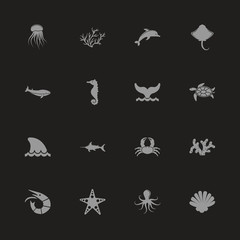 Marine Life icons - Gray symbol on black background. Simple illustration. Flat Vector Icon.