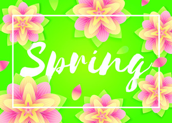 Spring background. Flowers and lettering on abstrack green . Fresh season design for flyers, invitation, posters, brochure, discount voucher, sale Poster or banner. Vector typographical illustration.