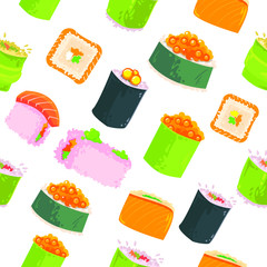 Sushi repeat pattern. Isolated on white background. Vector illustration.