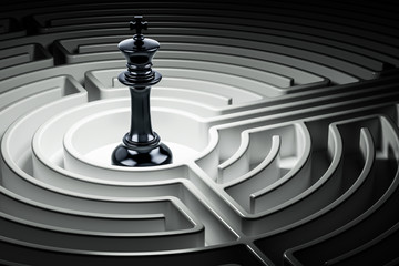 Chess king inside labyrinth maze, 3D rendering