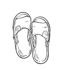 Vector slippers for home. Black and white. Line art style. Isolated on white background.