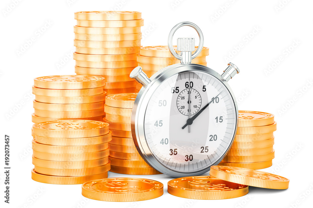 Poster stack of golden coins with stopwatch, 3d rendering