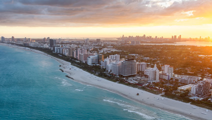 Sunset skyline of Miami Beach, aerial view