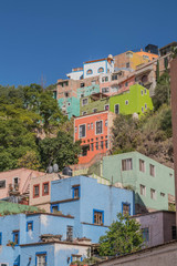 A hillside with blue, green, pink and other colored houses, with green trees and a clear, deep blue sky, in Guanajuato, Mexico