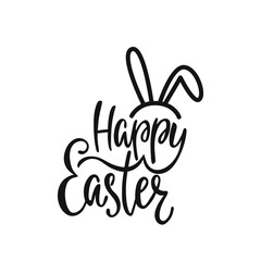 Obraz premium Happy Easter greeting card. Handwritten vector lettering text with bunny's ears. Calligraphic phrase.