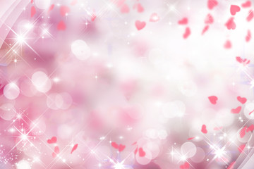 blurred background bokeh white pink with falling hearts for Valentine, wedding,glitter