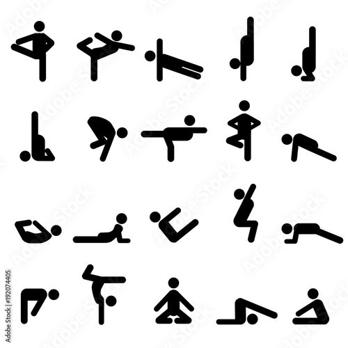 set of twenty yoga poses in stick figures stock image and royalty