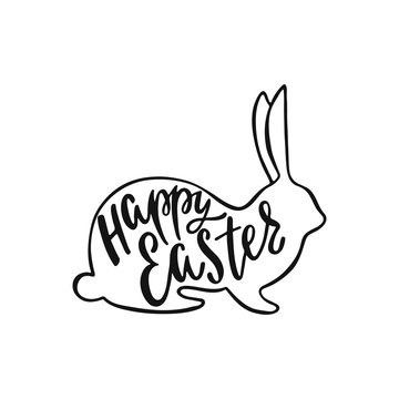 Happy Easter greeting card with silhouette of bunny. Handwritten vector lettering text. Calligraphic phrase. 