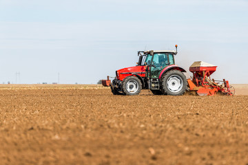 Obraz premium Farmer seeding, sowing crops at field. Sowing is the process of planting seeds in the ground as part of the early spring time agricultural activities.