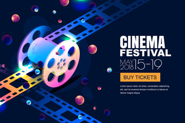 Vector glowing neon cinema festival banner. Film reel in 3d isometric style on abstract night cosmic sky background. Design template with copy space for movie poster, sale cinema theatre tickets.