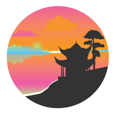 Black silhouette of a chinese house in a circle at sunset. Vector icons for design work. - 192075624